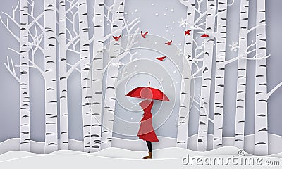 Season with the girl open red an umbrella. Vector Illustration