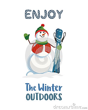 Frosty snowman ski hand drawn flat color vector Cartoon Illustration