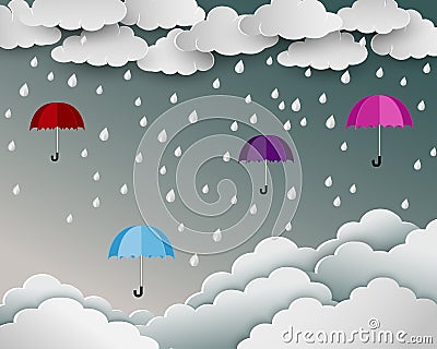 Season of rainy in paper art scene background,umbrella floating over the cloud nature landscape Vector Illustration