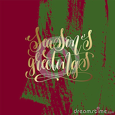 Season`s greetings - gold hand lettering on green and purple Vector Illustration