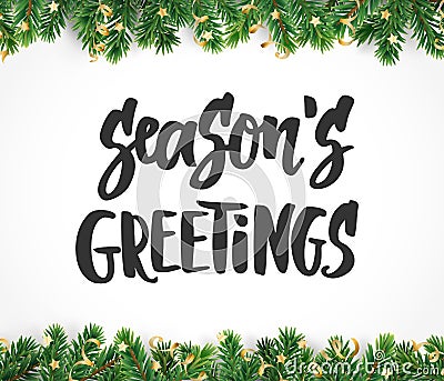 Season`s greetings text, hand drawn brush lettering. Holiday quote on white. Great for Christmas gift tags and Vector Illustration