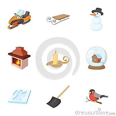 Season winter icons set, cartoon style Vector Illustration