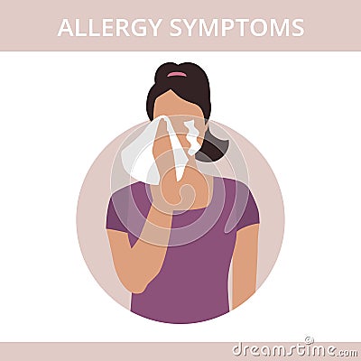 Seasonal allergy. Woman with teary eyes. pollen and flowers allergy Vector Illustration