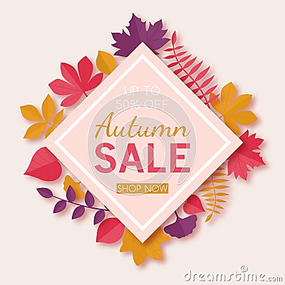 Seasonal autumn sale advertising design template. Paper art style. Vector Illustration