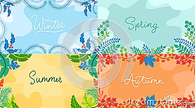 Seasonal backgrounds set in flat style. Winter, spring autumn summer with seasonal elements. Vector backgrounds collection Vector Illustration