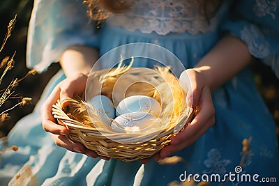 Easter girl basket holiday spring girl egg background Stock Photo