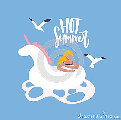 Seasonal card template with flying seagulls, woman with rubber unicorn float in sea or ocean and Hot Summer phrase Vector Illustration