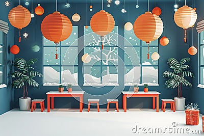 Seasonal classroom decorating ideas flat design front view festive theme animation Split-complementary color scheme Cartoon Illustration