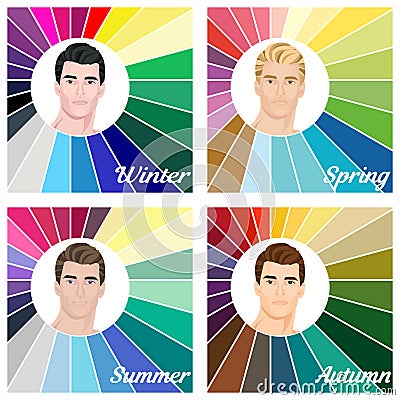 Seasonal color analysis. Set of vector men with different types of male appearance Vector Illustration