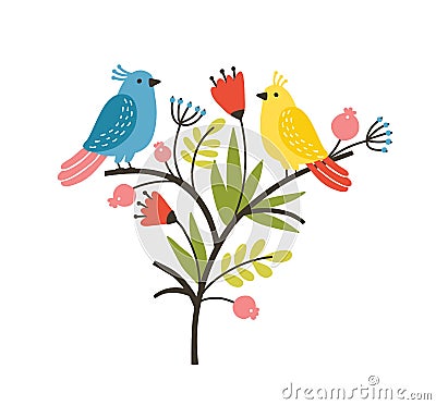 Seasonal composition with pair of lovely cute birds sitting on branch with blooming spring flowers and leaves Vector Illustration