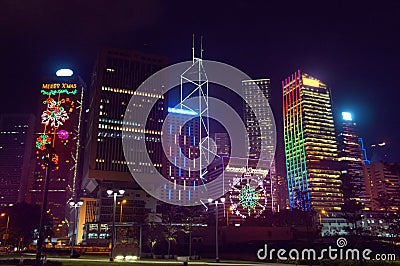 Seasonal greetings at the Hong Kong skyscrapers Stock Photo