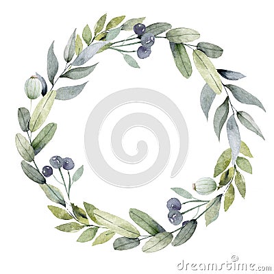 Seasonal mixed round frame with peony, ranunculus, succulents, wild rose, brunia, blackberries and eucalyptus leaves Stock Photo