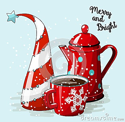 Seasonal motive, abstract christmas tree. red cup of coffee and vintage tea pot, with text Merry and Bright, vector Vector Illustration