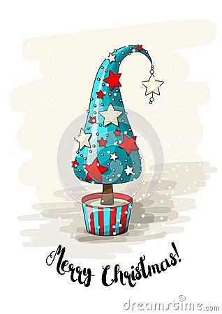 Seasonal motive, abstract christmas tree with stars, pearls and text Merry Christmas, vector illustration Vector Illustration