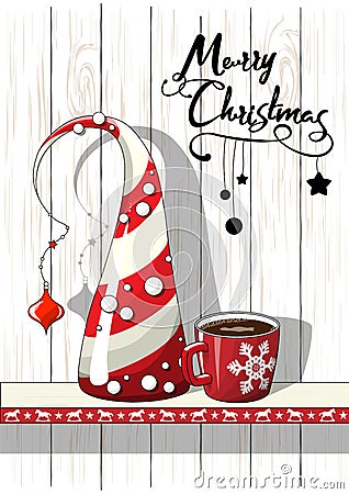 Seasonal motive, abstract christmas tree. red cup of coffee and text Merry Christmas, vector illustration Vector Illustration