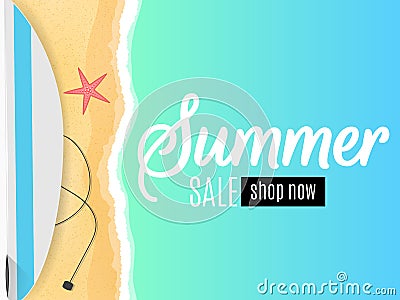 Seasonal poster for Summer Sale. Hello Summer. Surfboard on the seashore. Sand beach. Cartoon flat style. Big discounts. Red starf Vector Illustration