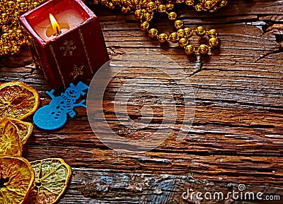 Seasonal rustic Christmas border composed of Stock Photo