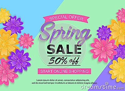 Seasonal sale banner with flowers Vector Illustration