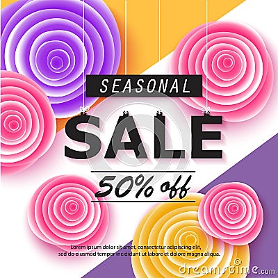 Seasonal sale banner with flowers Vector Illustration