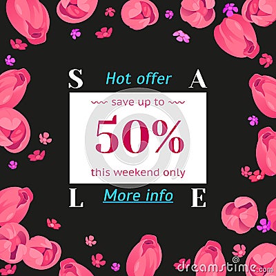 Seasonal sale banner. Spring holiday frame with text and flowers. Vector card with fresh colorful background Vector Illustration