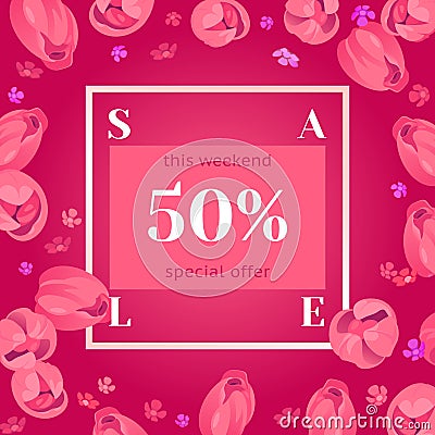 Seasonal sale banner. Spring holiday frame with text and flowers. Vector card with fresh colorful background Vector Illustration