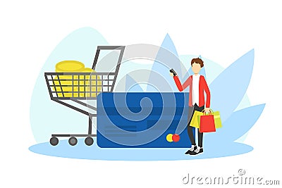 Seasonal Sale, Shopping, Man with Huge Credit Card and Shopping Cart Vector Illustration Vector Illustration