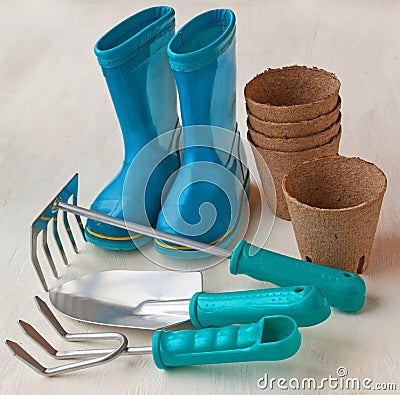 Seasonal set of tools for the gardener Stock Photo