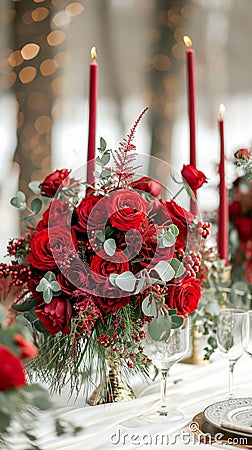 Seasonal sophistication Red roses embellish the winter wedding decor elegantly Stock Photo