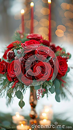 Seasonal sophistication Red roses embellish the winter wedding decor elegantly Stock Photo