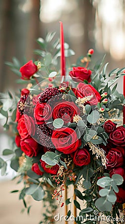 Seasonal sophistication Red roses embellish the winter wedding decor elegantly Stock Photo