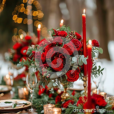 Seasonal sophistication Red roses embellish the winter wedding decor elegantly Stock Photo