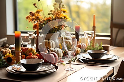 Seasonal table setting with pumpkins and flowers Stock Photo