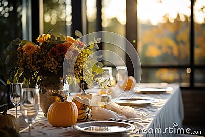 Seasonal table setting with pumpkins and flowers Stock Photo