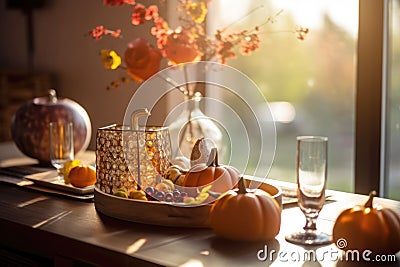 Seasonal table setting with pumpkins and flowers Stock Photo