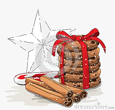 Seasonal theme, stack of brown cookies, christmas candy cane, cinnamon sticks and abstract white star, illustration Vector Illustration