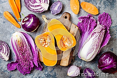 Seasonal winter autumn vegetables background. Plant based vegan or vegetarian cooking concept. Clean eating food Stock Photo