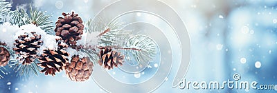 Seasonal winter Christmas bow background. Fir tree and pinecones in the sparkling snow. Outdoor icy frozen spruce pine branch. Stock Photo