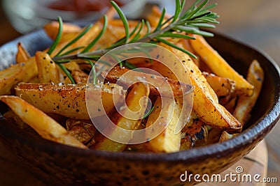 Seasoned Potato Wedges in a Rustic Bowl Stock Photo
