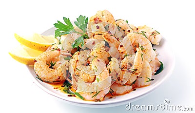 Seasoned savory pink prawns Stock Photo