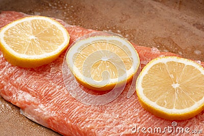 Seasoned Side of Salmon with Slices of Fresh Lemon Stock Photo