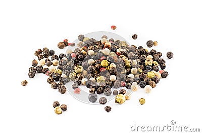 Seasoning - four kinds of peppercorns - on white background Stock Photo