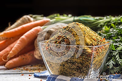 Seasoning spices condiment vegeta from dehydrated carrot parsley celery parsnips and salt with or without glutamate Stock Photo