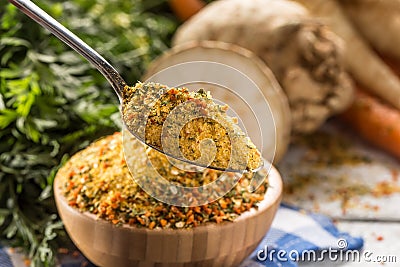 Seasoning spices condiment vegeta from dehydrated carrot parsley celery parsnips and salt with or without glutamate Stock Photo