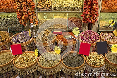 Seasonings, spices and herbs in pots for sale - Kemer, Turkey Stock Photo