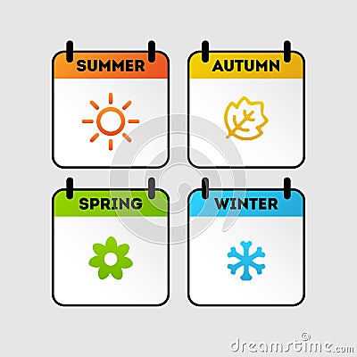 Seasons calendar color icons set. Spring, summer, autumn, winter time. Four seasons. Isolated vector illustrations Vector Illustration