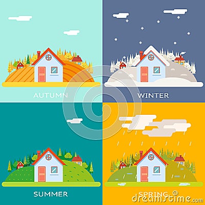 Seasons Change Autumn Winter Summer Spring Village Vector Illustration