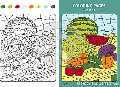 Seasons coloring page for kids, august month Vector Illustration