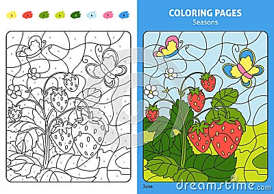 Seasons coloring page for kids, June month. Vector Illustration