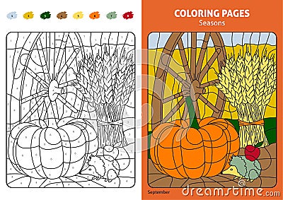 Seasons coloring page for kids, september month Vector Illustration