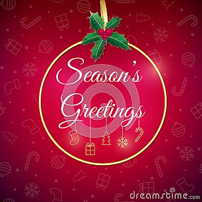 Seasons greetings. Holiday background. Xmas greeting card with bauble. Poster. Stock Photo